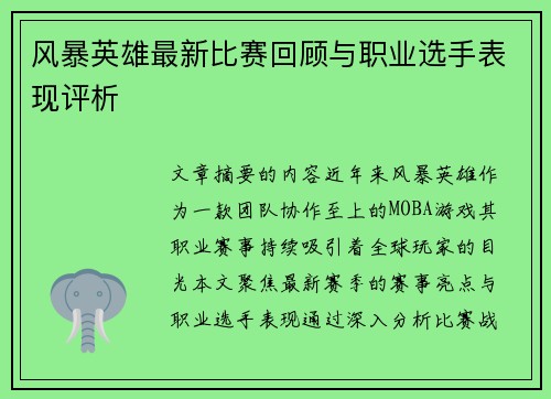 风暴英雄最新比赛回顾与职业选手表现评析