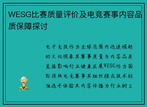 WESG比赛质量评价及电竞赛事内容品质保障探讨